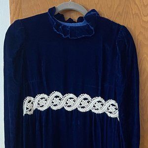 Vintage Blue Velvet Empire Waist Dress - Size Small/Medium